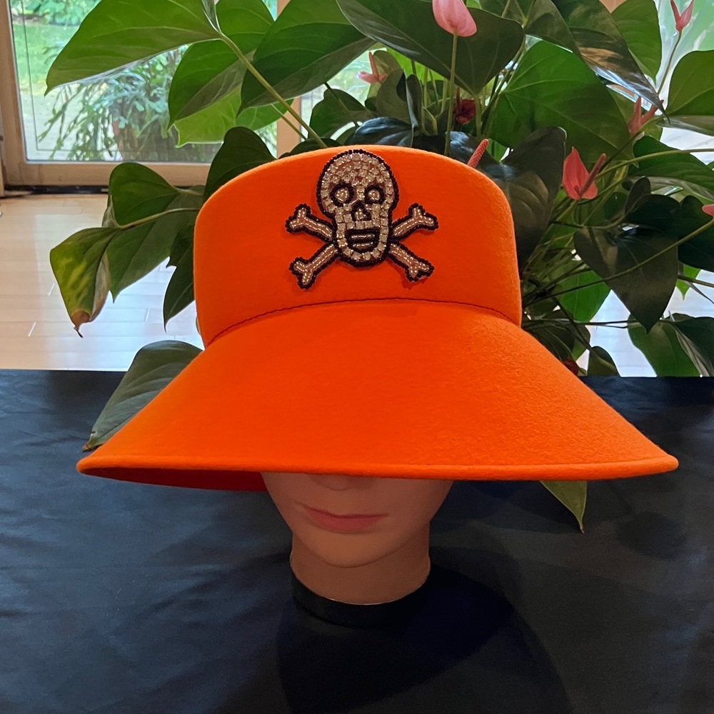 Orange Wool Wide Brim Hat with Rhinestone Beaded Skull Design